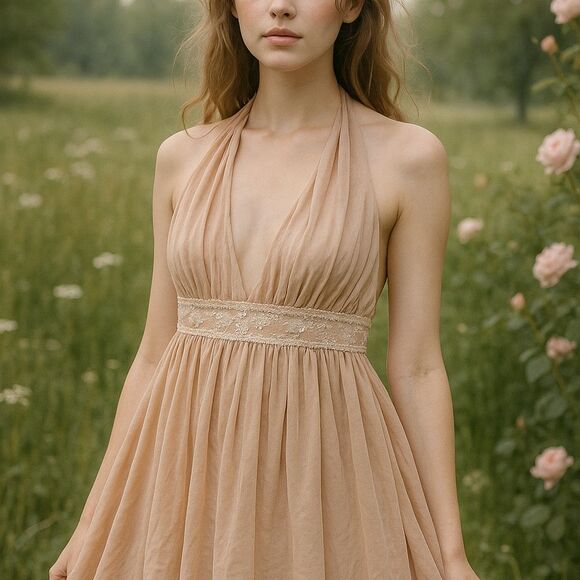 Blush Lace Waist Halter Tunic Top M Coquette Fairycore Ethereal Romantic - Picture 1 of 6